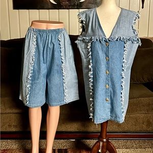 Whisper • 2 Piece • Top & Short Set • Vintage • 1970’s • Denim • Fringe • Medium